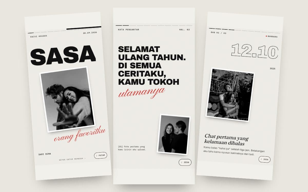 Three sample posters: a cover with a name, a foreword, and one moment