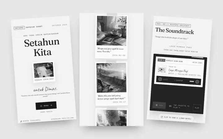 Three screens from the Dear example: cover, polaroid photos and a cassette